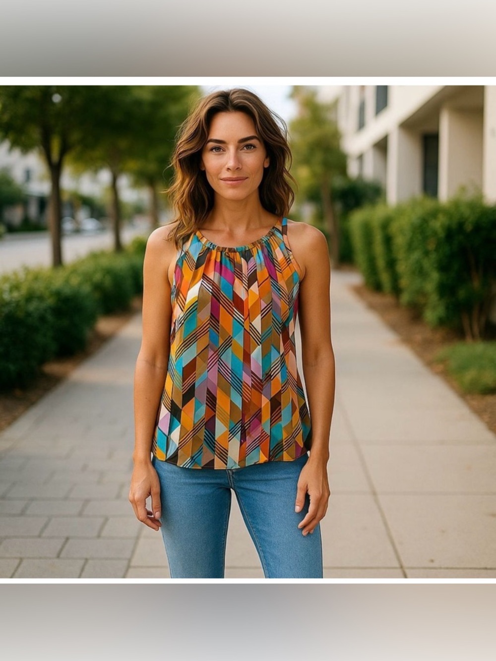 Trina Turk Blouse Top Women’s‎ M Multicolor Geometric Design 100% Silk Halter